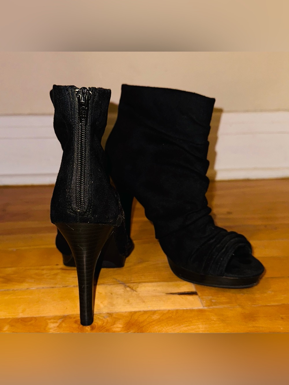 Ruched Peep-Toe Ankle Heels